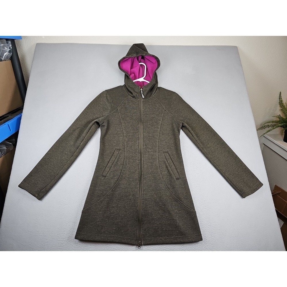 Athleta Hooded Long Zip Up Redwood Jacket Fleece Lined Size Small Dark Olive